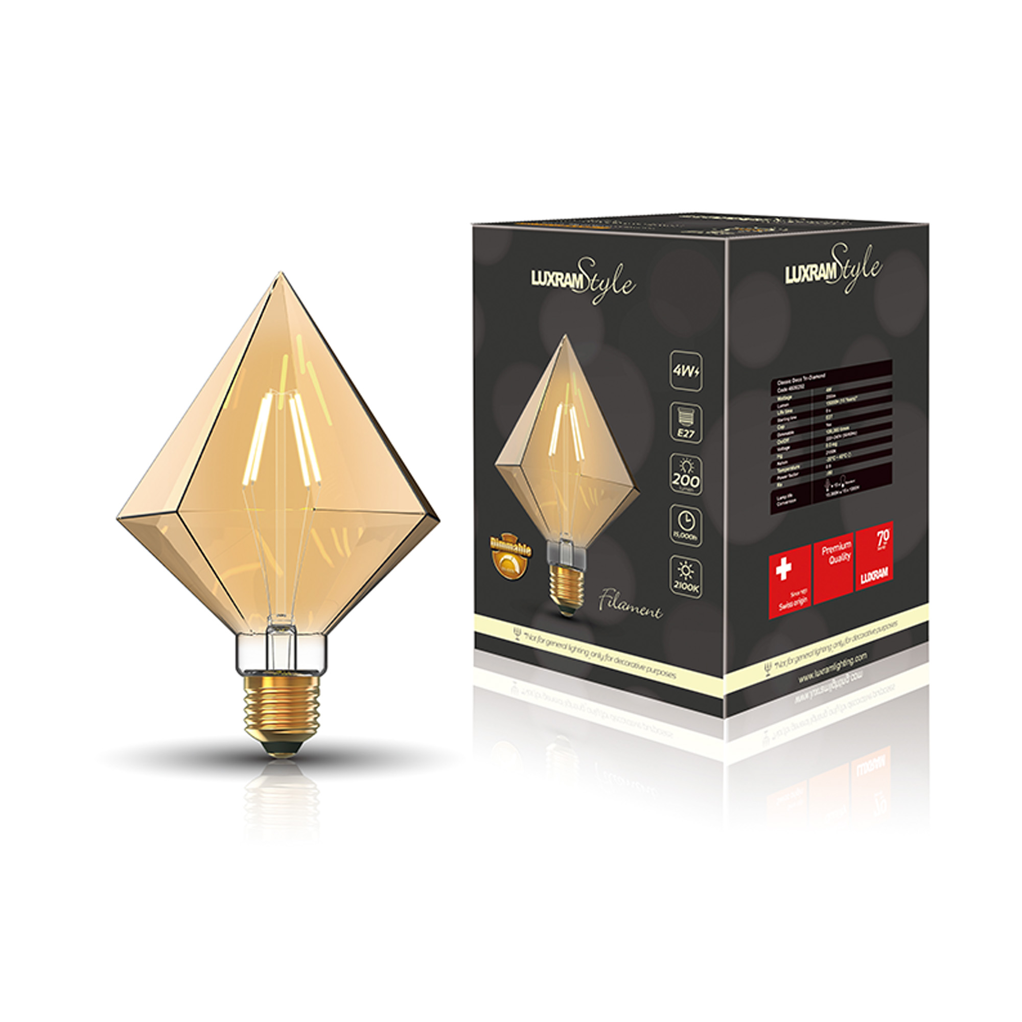 Classic Style LED Tri-Diamond E27 Dimmable 4W 2100K 200lm 4600292  Luxram Classic Style